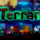 Colorful pixelated game scene with whimsical structures and flora - "Terraria" title in styl