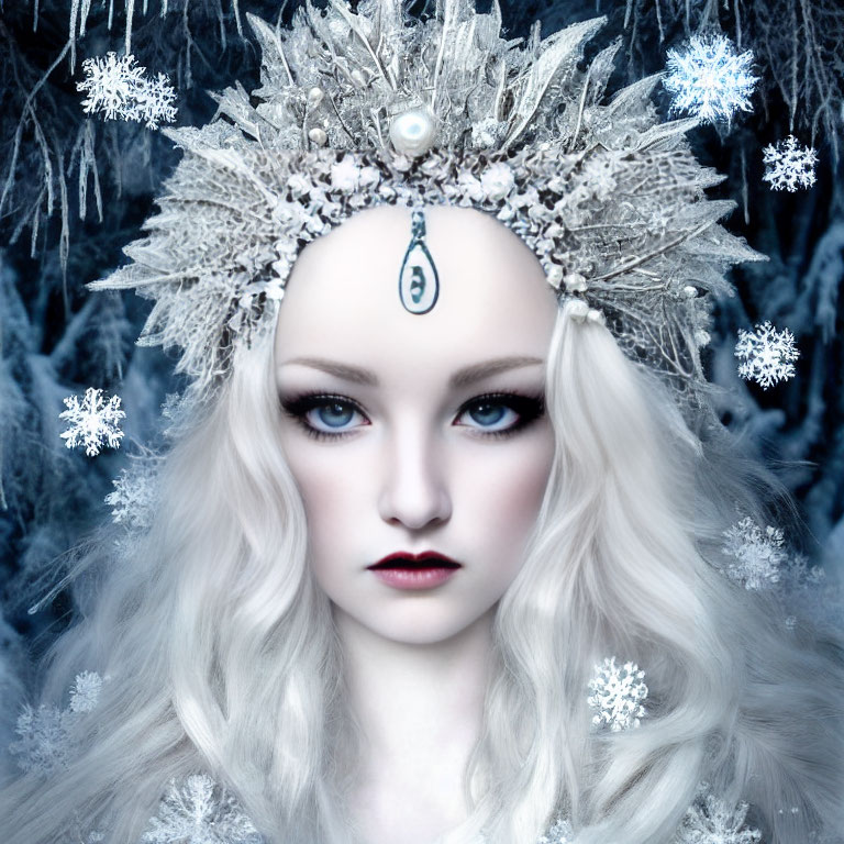 Pale woman with blue eyes and platinum hair in winter-themed attire