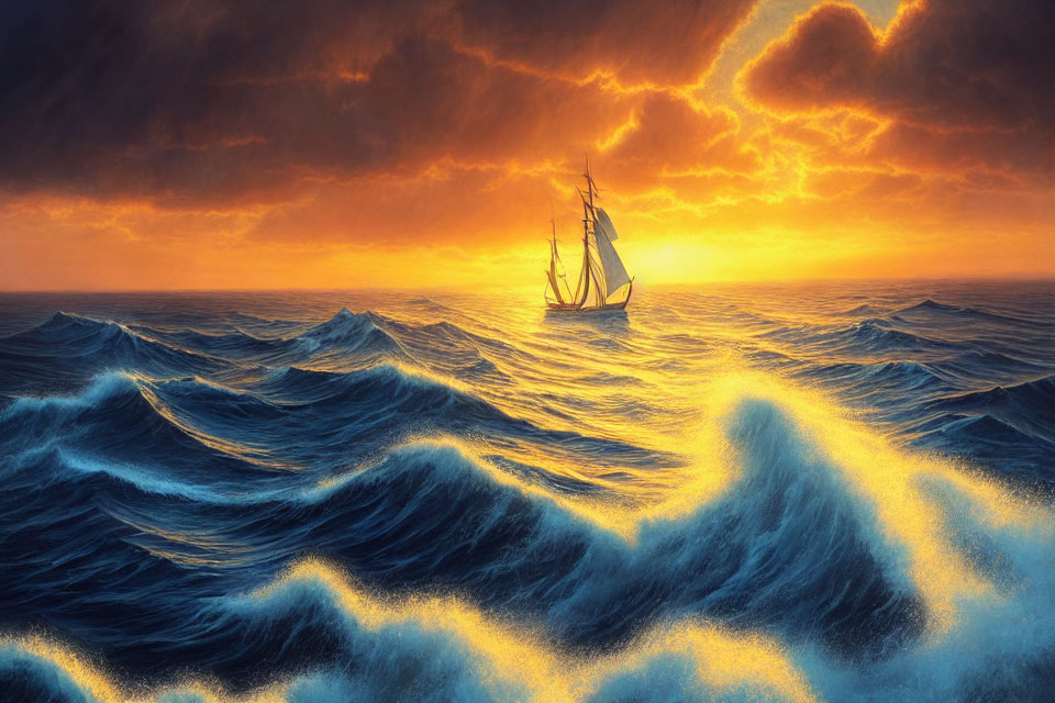 Sailboat in turbulent seas under dramatic sunset with orange and gold clouds