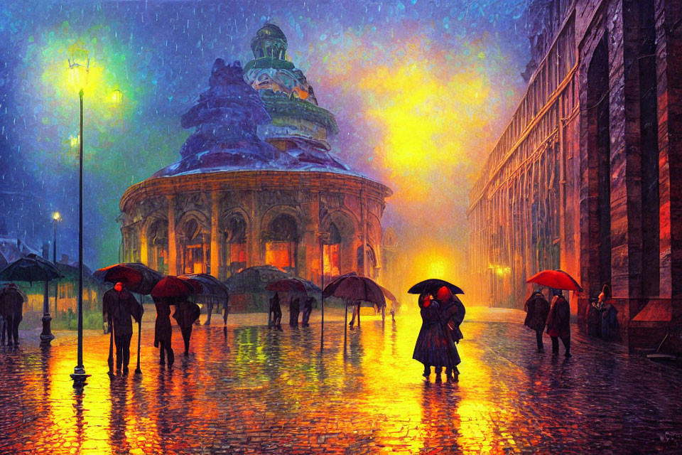Night scene of rain-soaked street with umbrellas and classical architecture