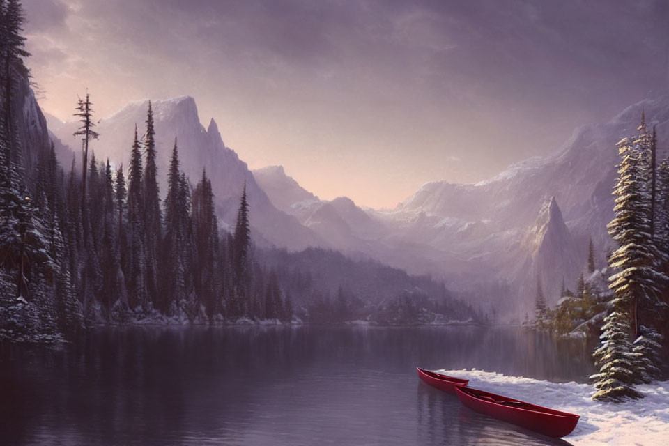 Tranquil landscape with red canoe by snowy mountains