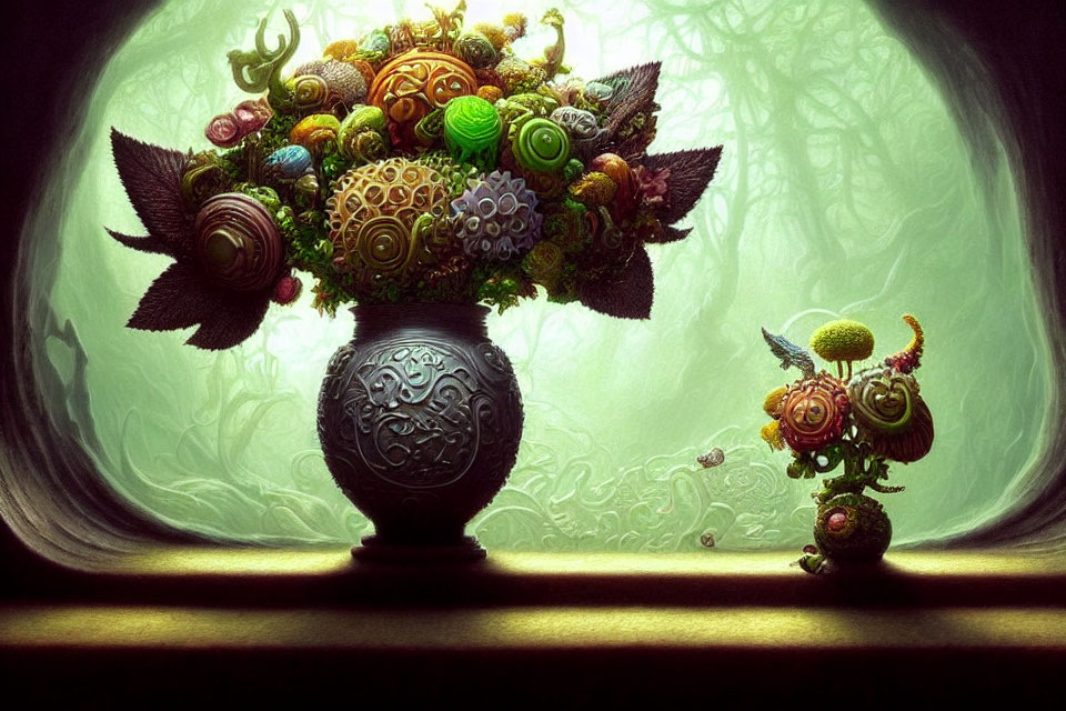Colorful Plants and Flowers in Ornate Vase on Windowsill with Mystical Forest Background