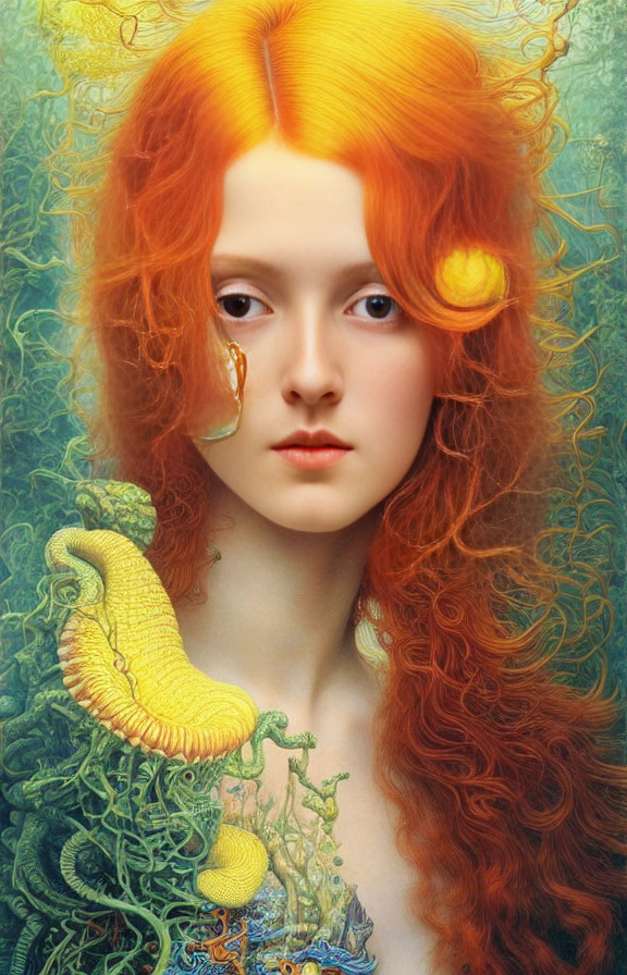 Vibrant red hair in surreal portrait with yellow sea creature