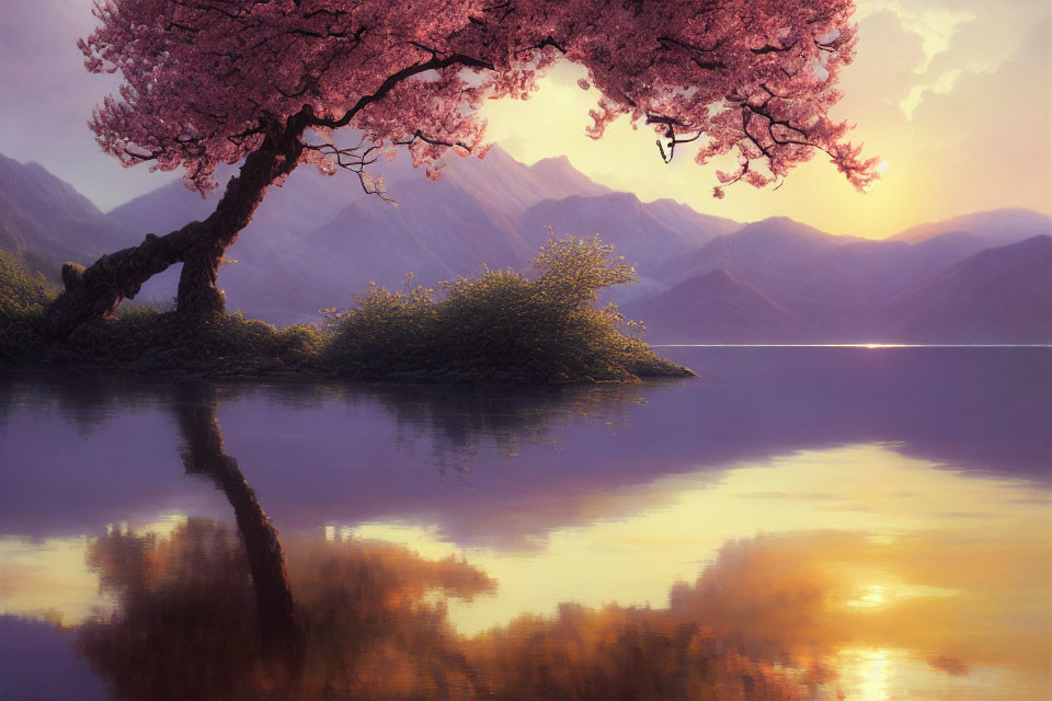Tranquil landscape with pink blossoming tree by calm lake