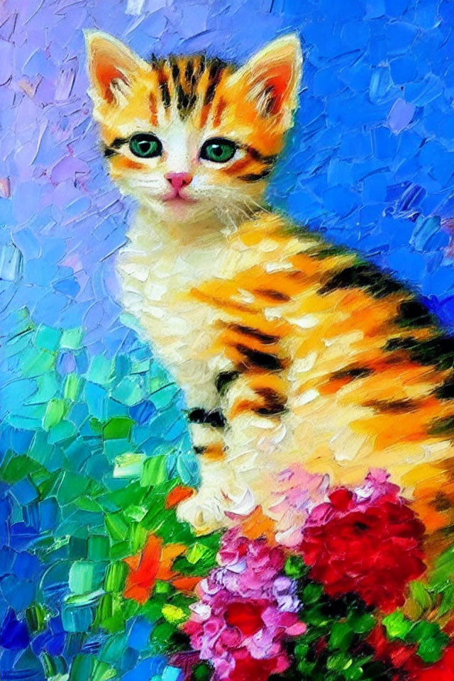 Vibrant painting of wide-eyed kitten with orange stripes and pink flowers