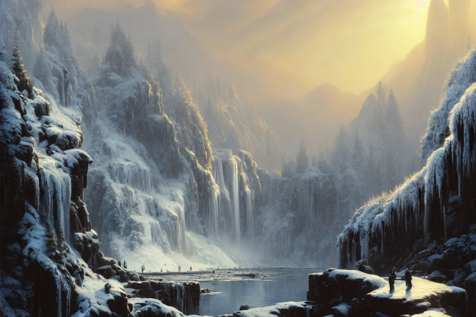 Frozen Landscape with Icy Waterfalls and Snow-Covered Cliffs