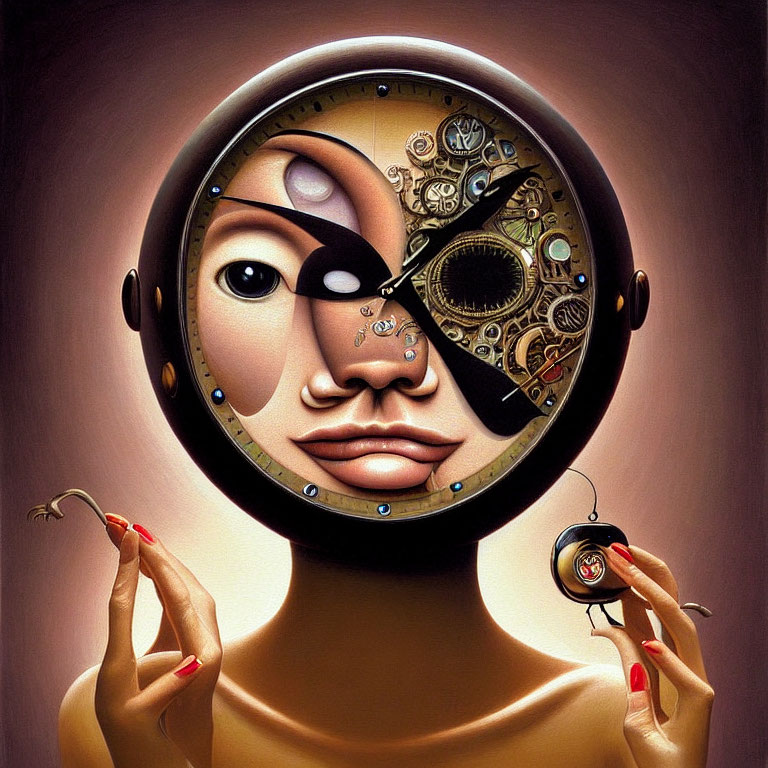 Surreal portrait of woman with mechanical half face and pocket watch in circular frame