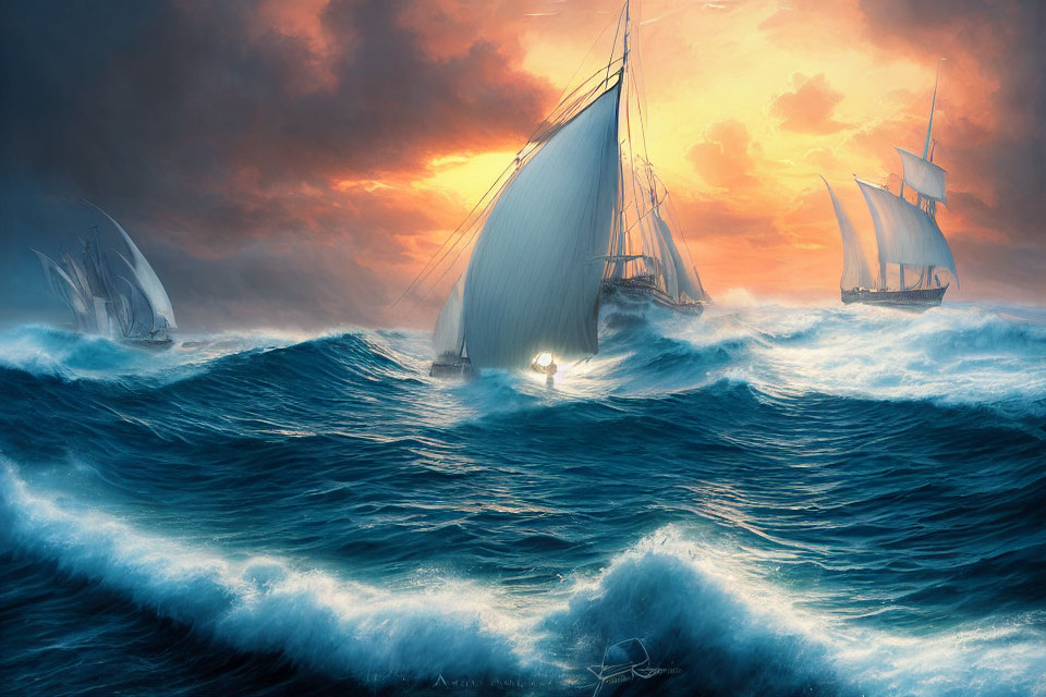 Sailing ships on blue waves under dramatic sky