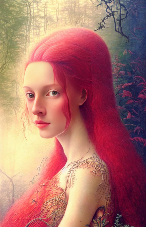 Digital painting of person with long red hair in mystical forest setting