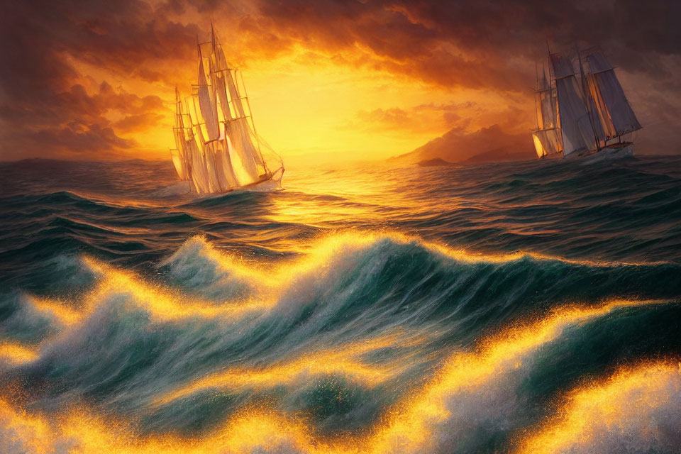 Sailing ships in turbulent seas with golden sunset and dark clouds