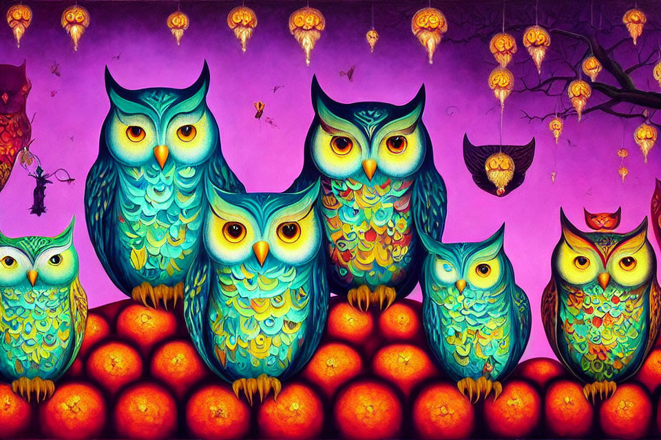 Colorful Stylized Owls Perched on Oranges in Whimsical Illustration