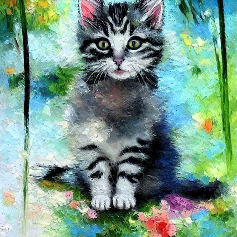 Black and white kitten against colorful abstract background