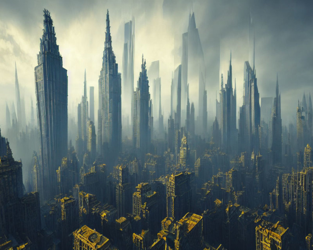 Dystopian cityscape with dilapidated skyscrapers under yellow sunlight
