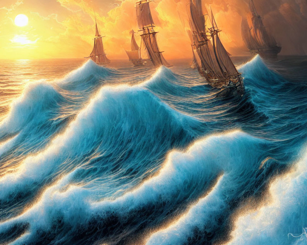 Sailing ships on tumultuous ocean waves at sunset