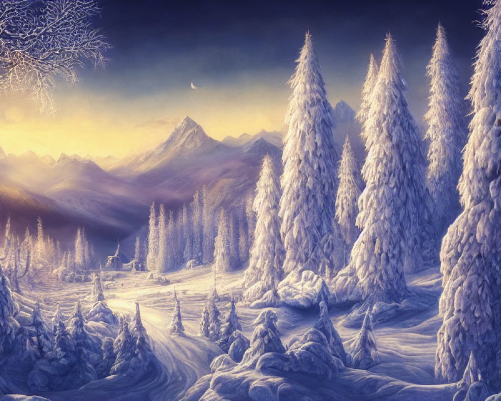 Snow-covered trees in serene winter landscape with mountain backdrop at sunrise.