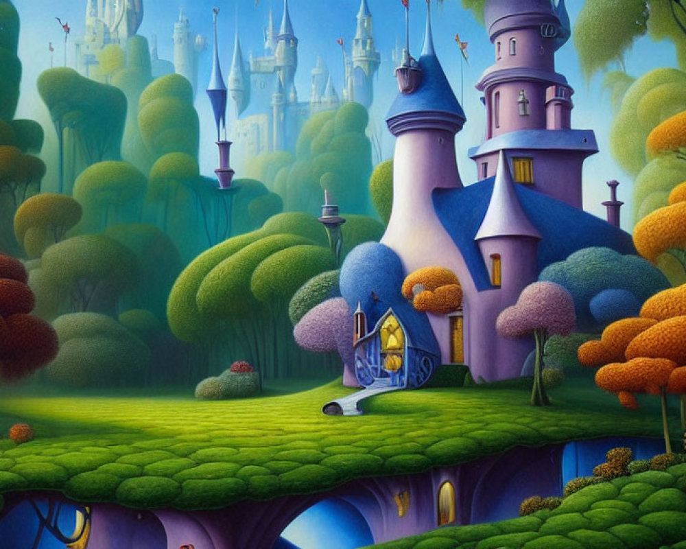 Colorful whimsical painting of vibrant green landscape with stylized trees and castles under blue sky