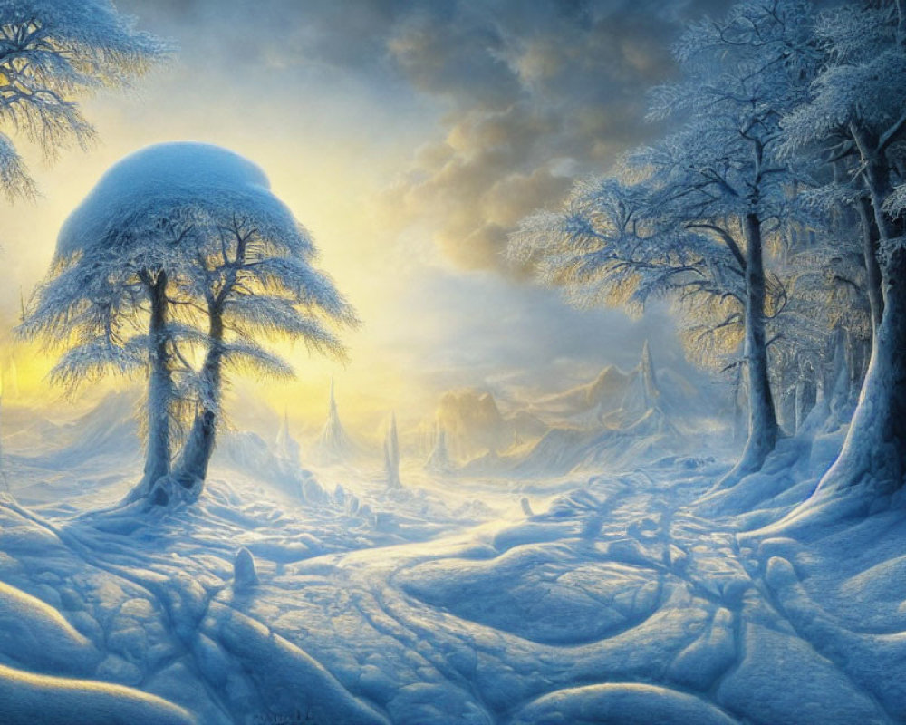 Snow-covered trees and undulating snowdrifts in serene winter landscape