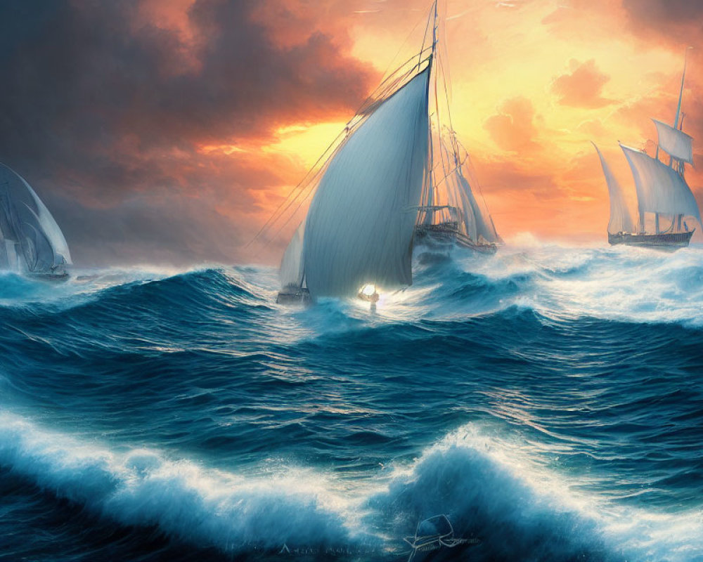 Sailing ships on blue waves under dramatic sky