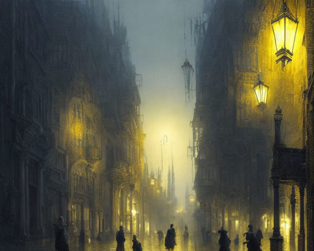 Foggy Night Street Scene with Gothic Buildings and Silhouetted Figures