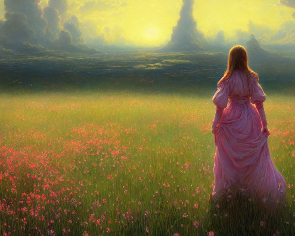 Woman in Pink Dress Surrounded by Pink Flowers at Sunrise