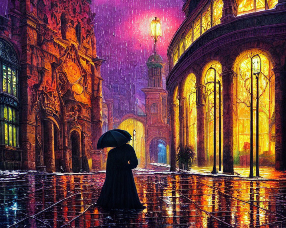 Solitary figure with umbrella on rain-slicked cobblestone street at night