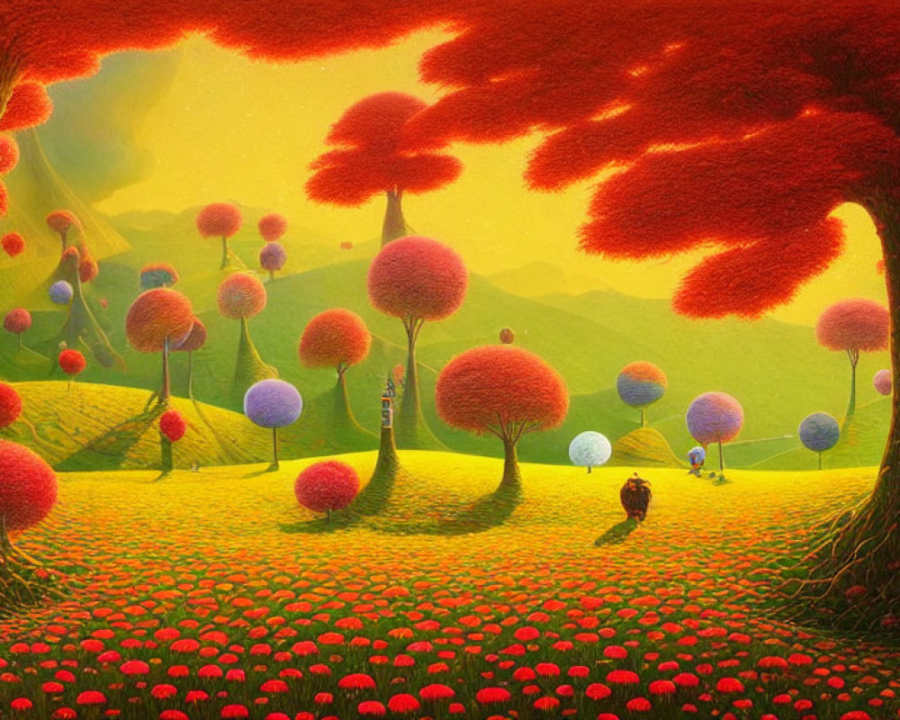 Colorful landscape with red trees, yellow sky, and figures walking beneath fantastical foliage