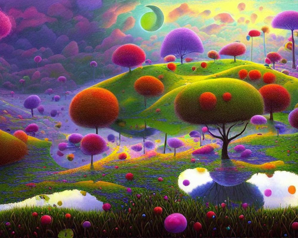 Colorful Mushroom Trees in Fantasy Landscape with Crescent Moon and Silhouetted Figures