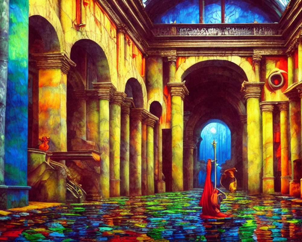 Colorful Illustration: Cloaked Figure Meets Lion in Mosaic Corridor