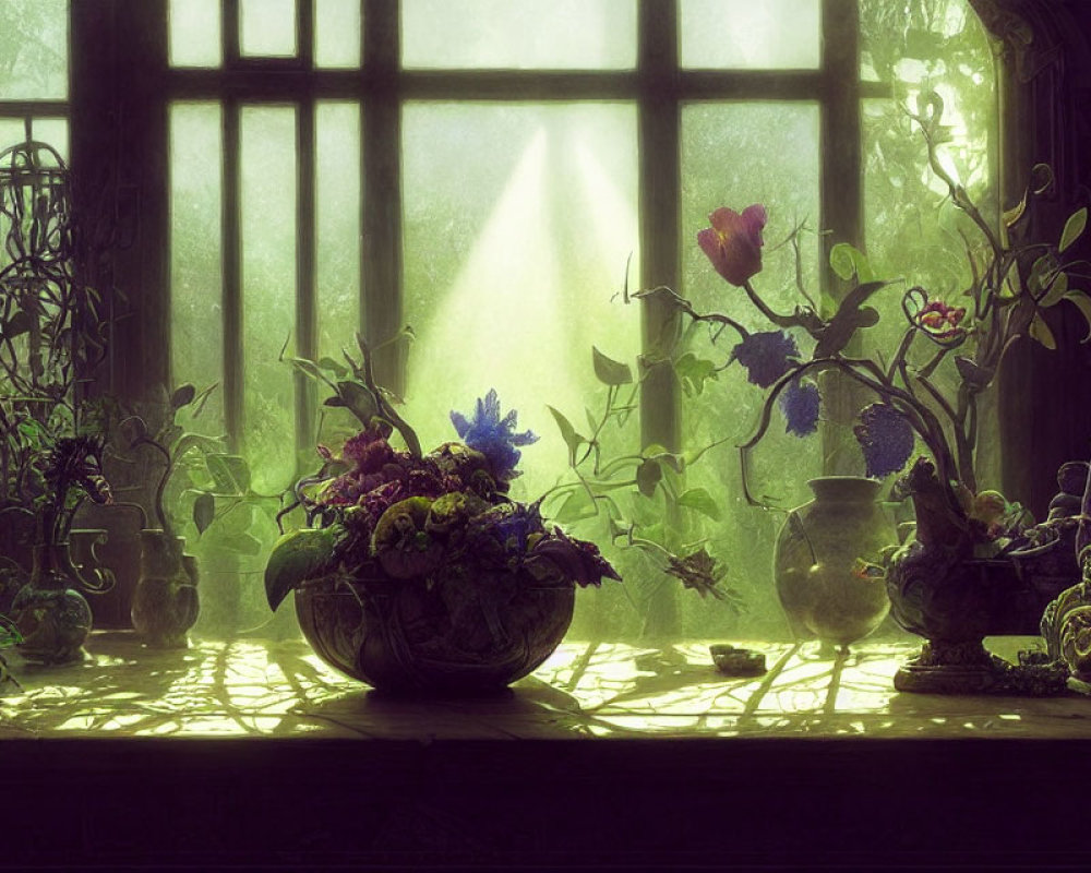 Sunlit indoor scene with potted plants and flowers on dusty surface