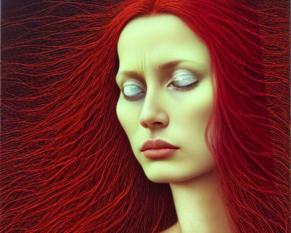 Digital Artwork: Woman with Red Hair, Pale Skin, and Blue Eyes