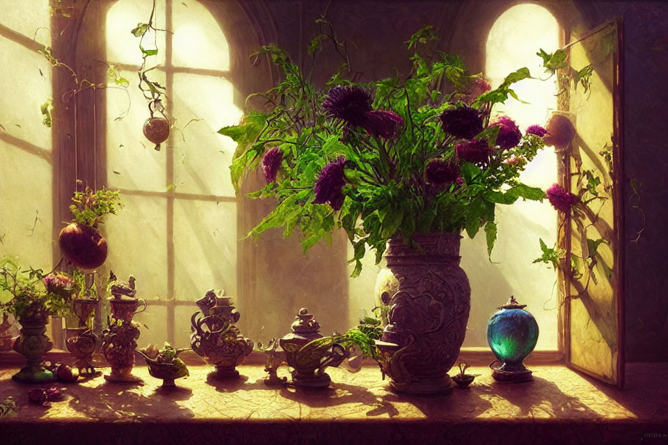 Purple Flowers Bouquet in Decorative Vase with Teapots on Windowsill