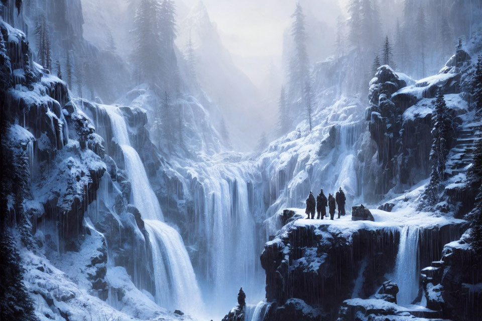 Snowy waterfall cascading in frosty landscape with silhouetted figures.