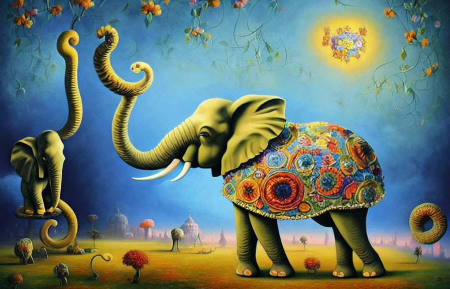 Colorful Elephant Artwork in Dreamy Landscape with Whimsical Elements