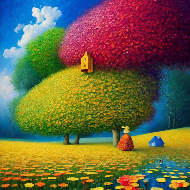 Colorful landscape with large tree, small house, and lily pads