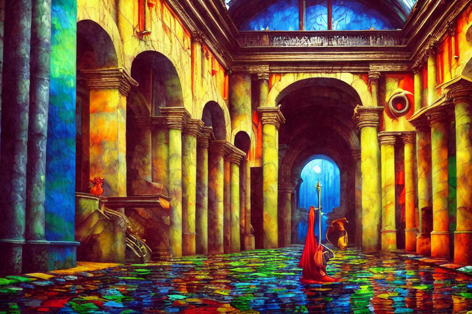 Colorful Illustration: Cloaked Figure Meets Lion in Mosaic Corridor