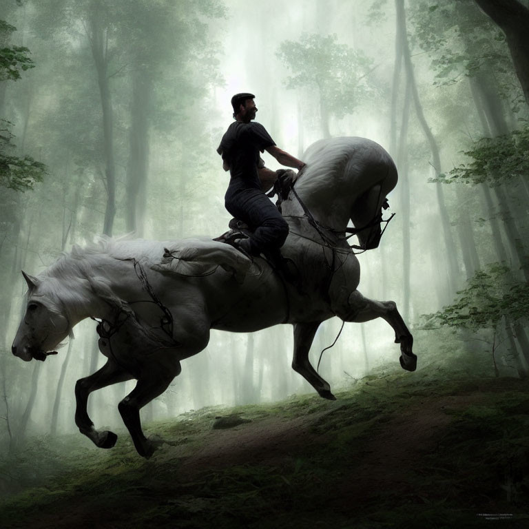 White Horse Rider Galloping in Misty Forest