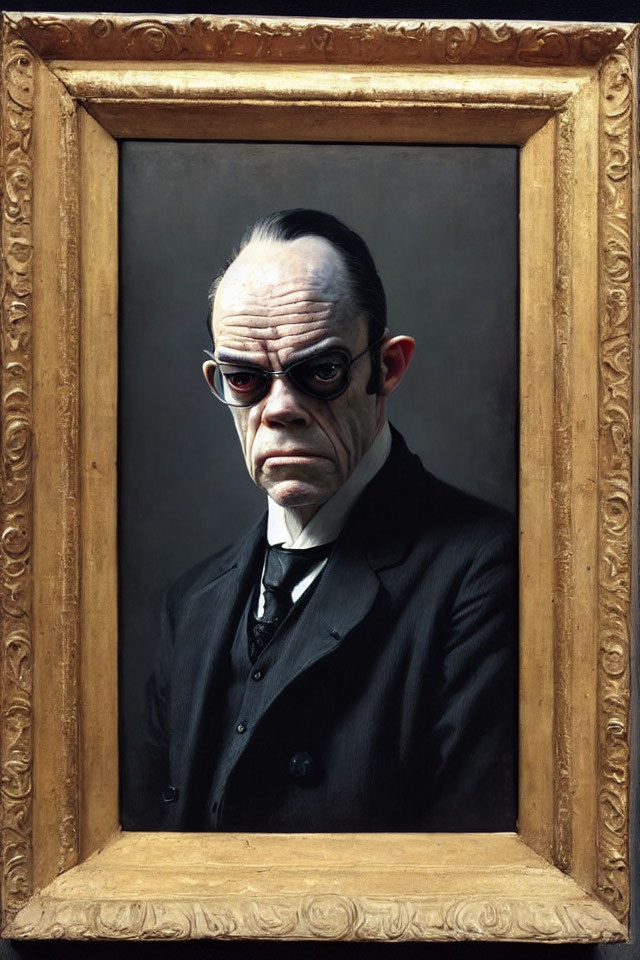 Sinister-looking figure with large glasses in golden frame