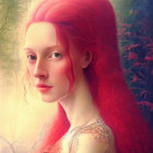 Vibrant red-haired woman with large eyes and snake in surreal portrait