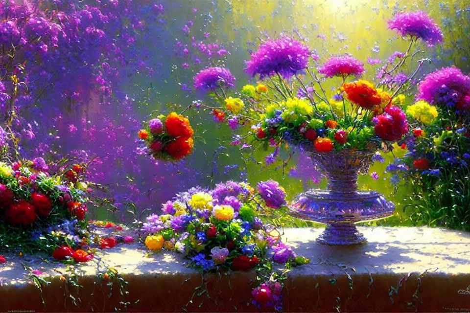 Colorful Flowers in Classical Urn with Soft Sunlight Glow