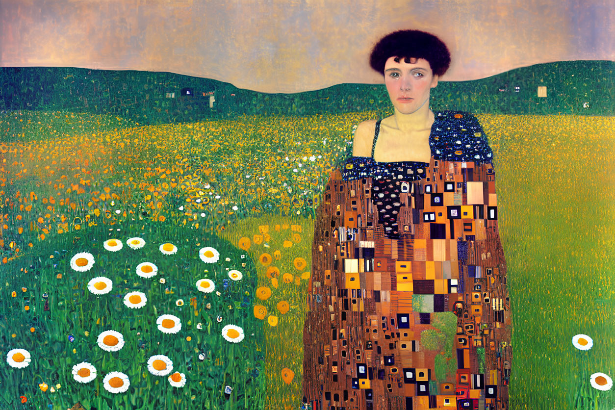 Woman in Klimt-style dress surrounded by daisies in blooming field