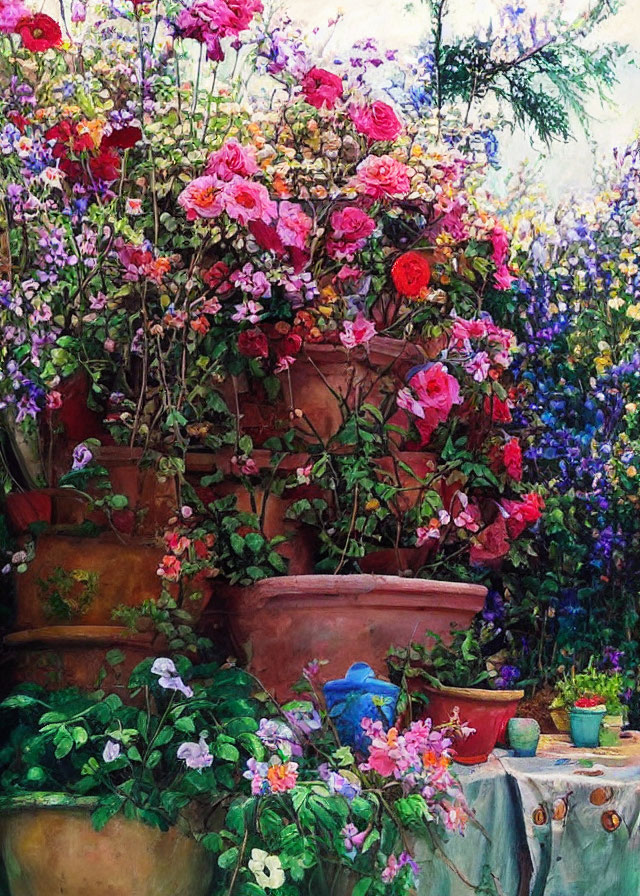 Colorful Garden Scene with Blooming Flowers in Terracotta Pots