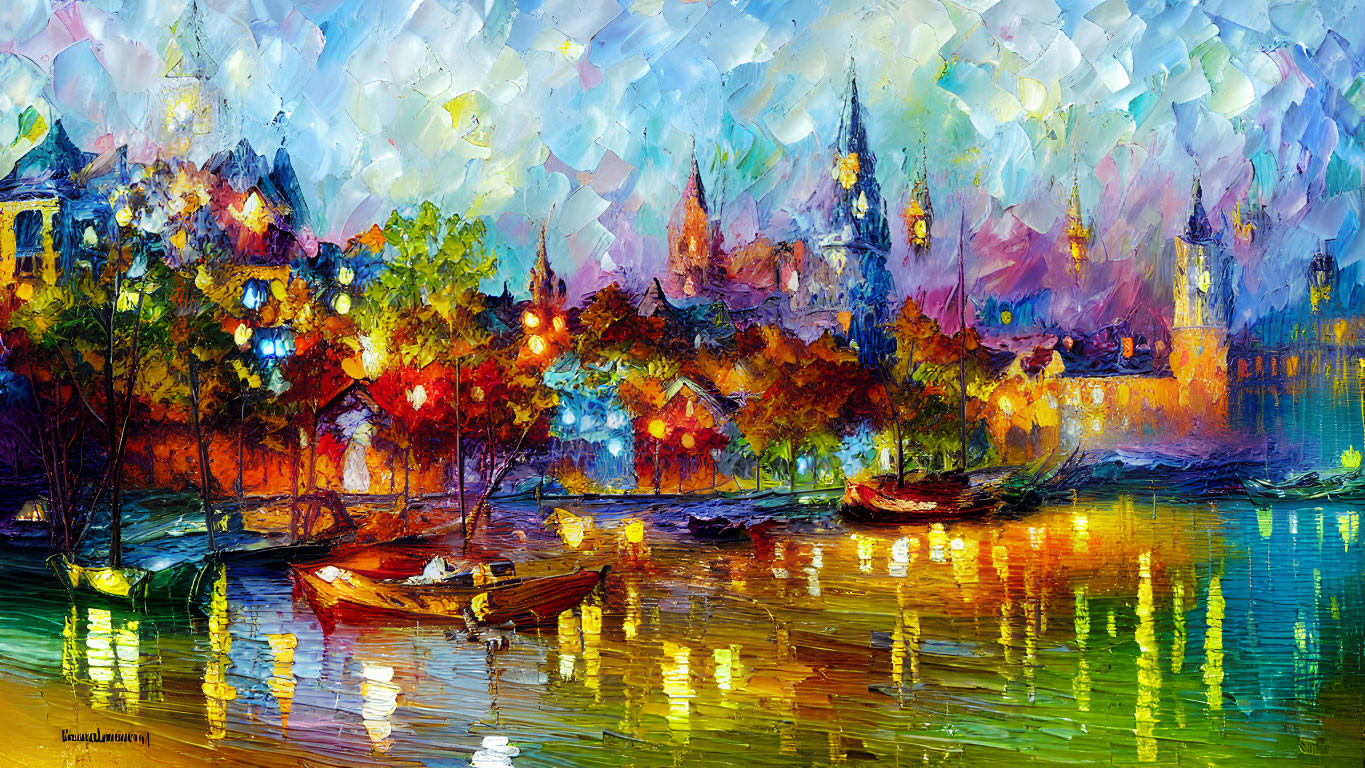 Impressionistic painting of boats on reflective water with cityscape and autumn trees