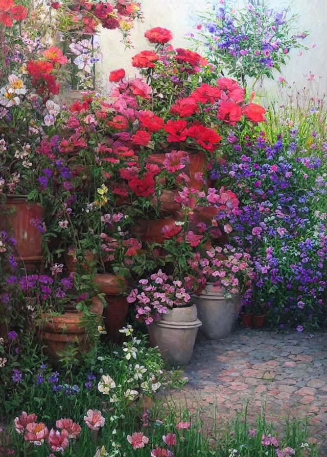 Colorful Flowers in Terracotta Pots by Cobblestone Path