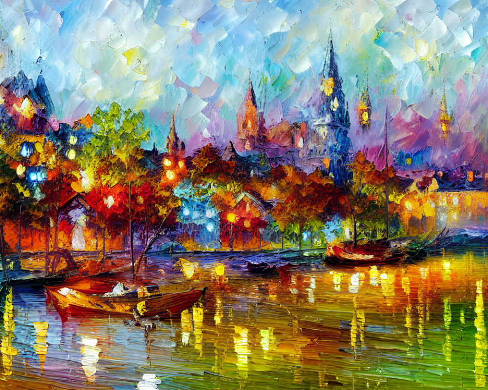 Impressionistic painting of boats on reflective water with cityscape and autumn trees