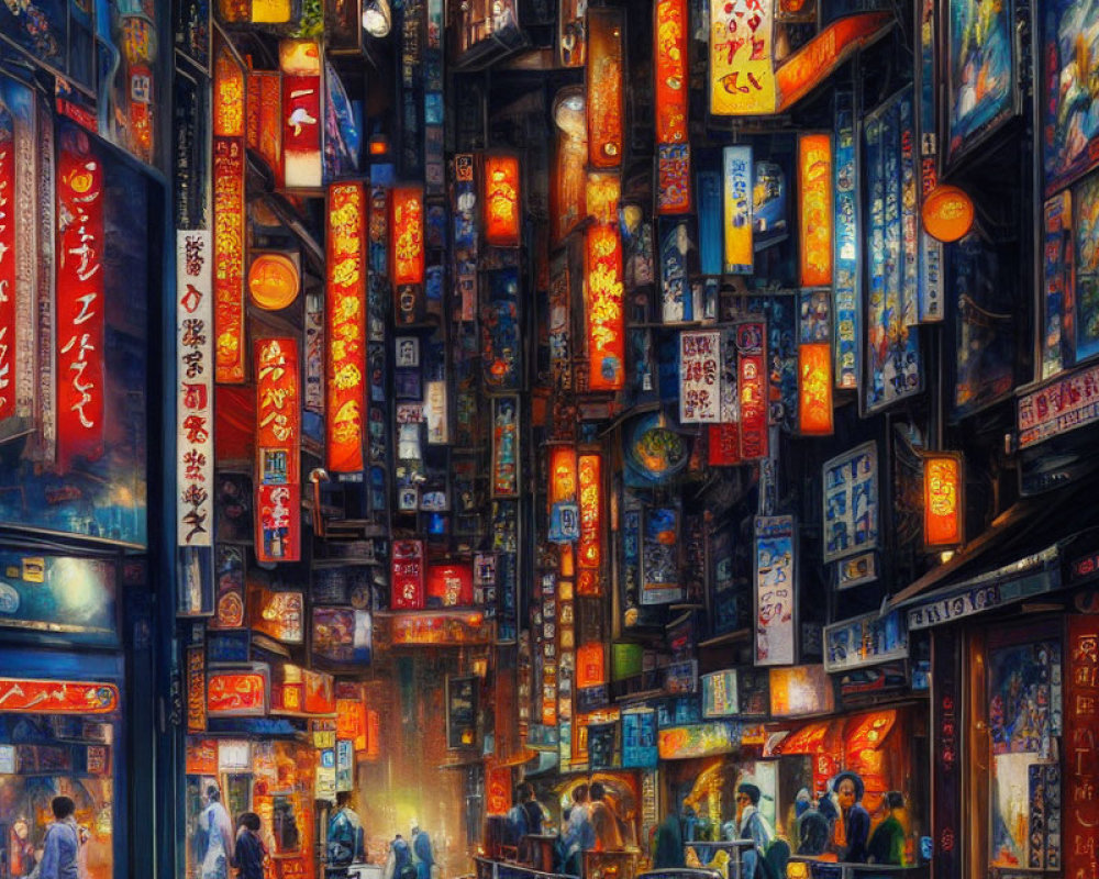 Busy Japanese alley at dusk with vibrant signage and pedestrians.