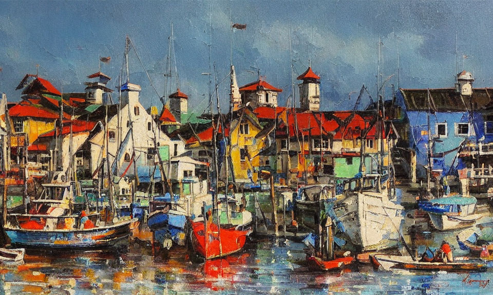 Vibrant Impressionist Harbor Scene with Colorful Boats and Buildings