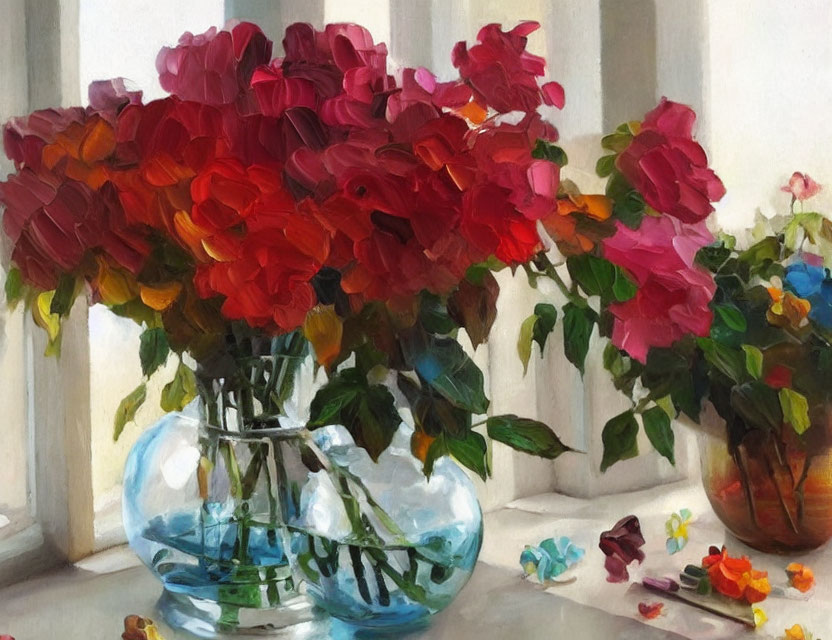 Colorful painting of red and pink roses in glass vase on sunny windowsill