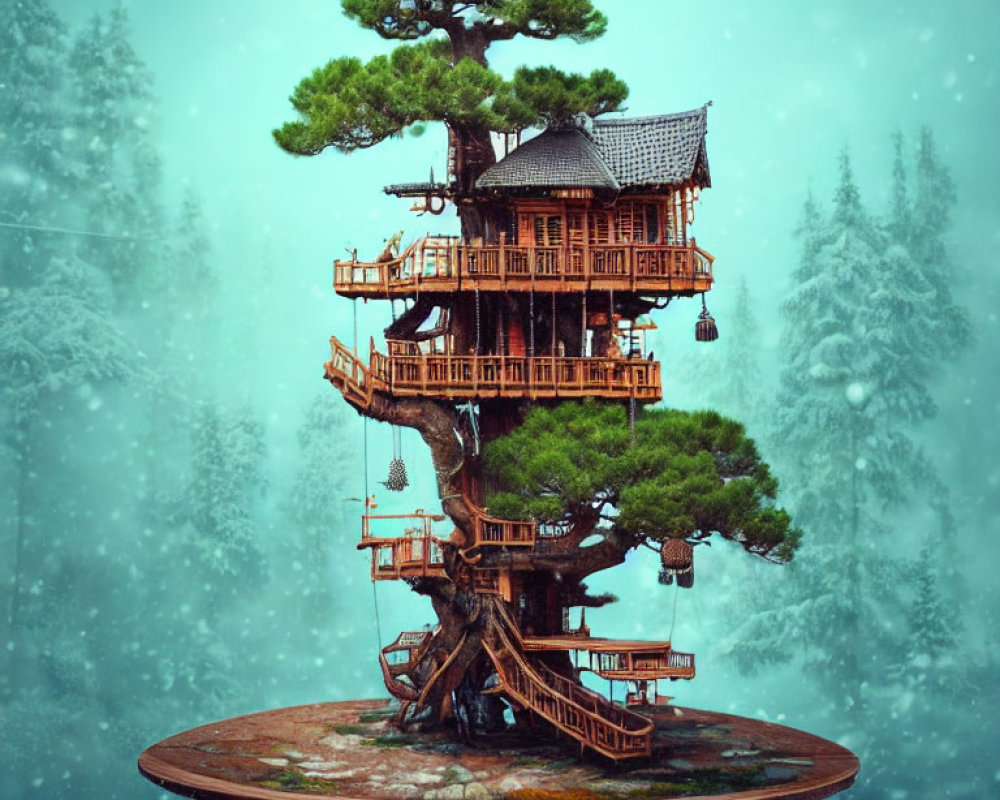Unique Multi-Level Treehouse in Bonsai Tree Landscape