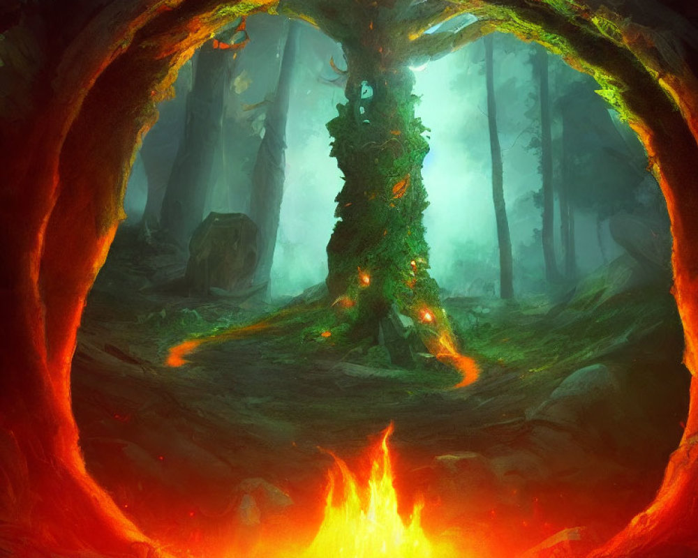Enchanting forest scene with large tree, ring of fire, and glowing mist