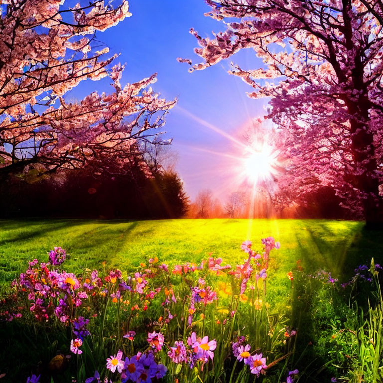 Pink cherry blossom trees in vibrant meadow with purple flowers under clear blue sky